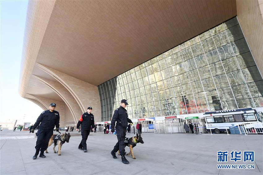 春運(yùn)期間中の旅客の安全を守る　石家荘駅でパトロールにあたる警察犬