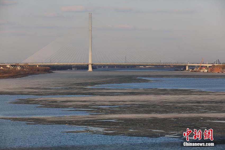 気溫上昇でハルビン市の松花江の氷溶ける　黒竜江省