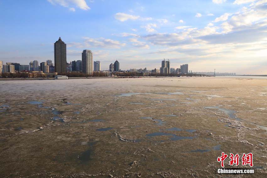 気溫上昇でハルビン市の松花江の氷溶ける　黒竜江省