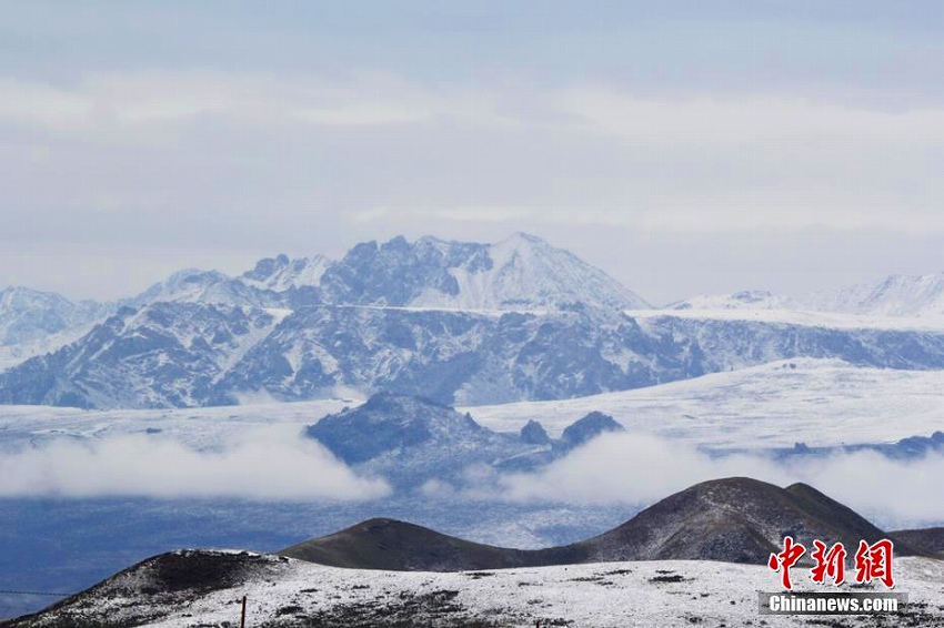 祁連山脈で初雪観測(cè)　雪山をバックに緑映える草原