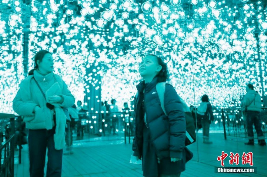 瞬く光と影の生み出す幻想的なアート展「花澗追光」の様子（2月21日撮影、呂品）。