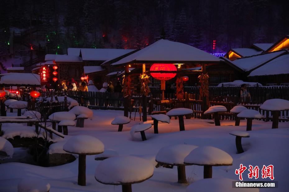 夜の燈りに浮かぶ雪景色　黒竜江省雪郷景勝地