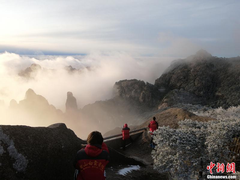 降雪後の安徽黃山　青空を背景にそびえたつ銀色の山々