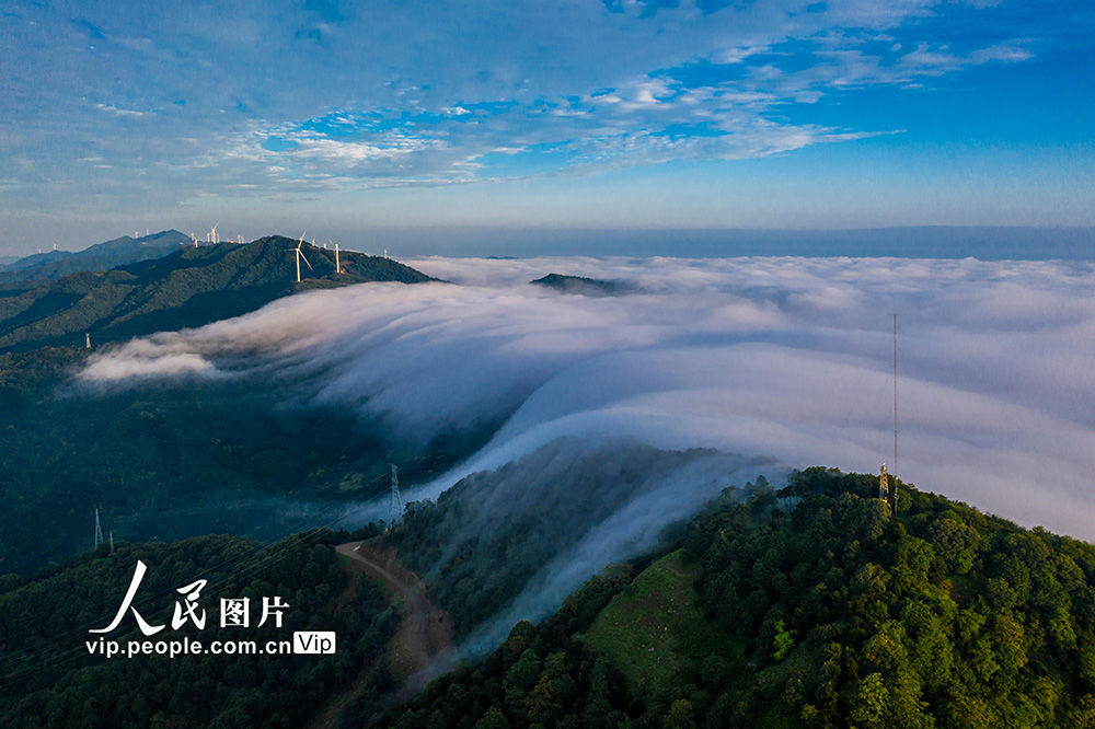 雲(yún)霧の「波間」から見(jiàn)え隠れする風(fēng)力発電機(jī)（程専蕓/寫真著作権は人民図片が所有のため転載禁止）。