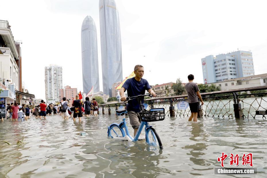 潮位が上昇して冠水した沙坡尾歩道を自転車を押しながら移動する市民（撮影?李思源）。