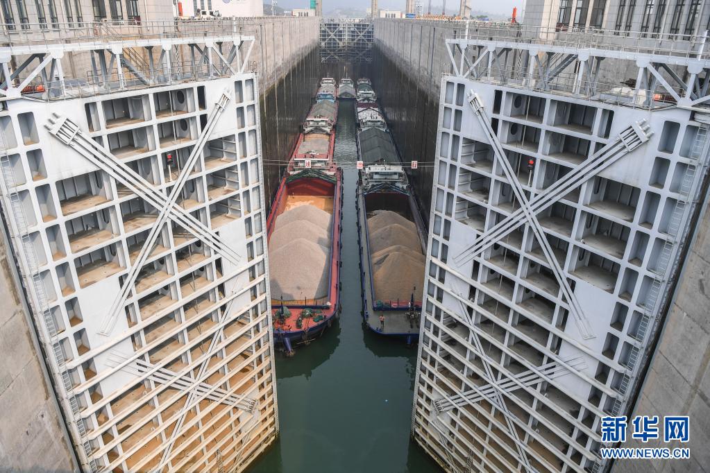 3月31日、広西大藤峽水利ターミナルの閘門が開き、通航する船舶（撮影?曹禕銘）。