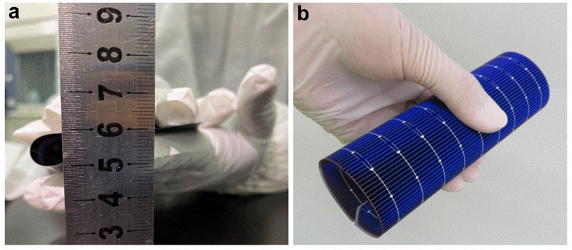 畫像a フレキシブル太陽光電池シリコンウェハの曲げ半徑は5ミリメートル以下。 畫像b フレキシブル太陽光電池の曲げ角度は360度以上。