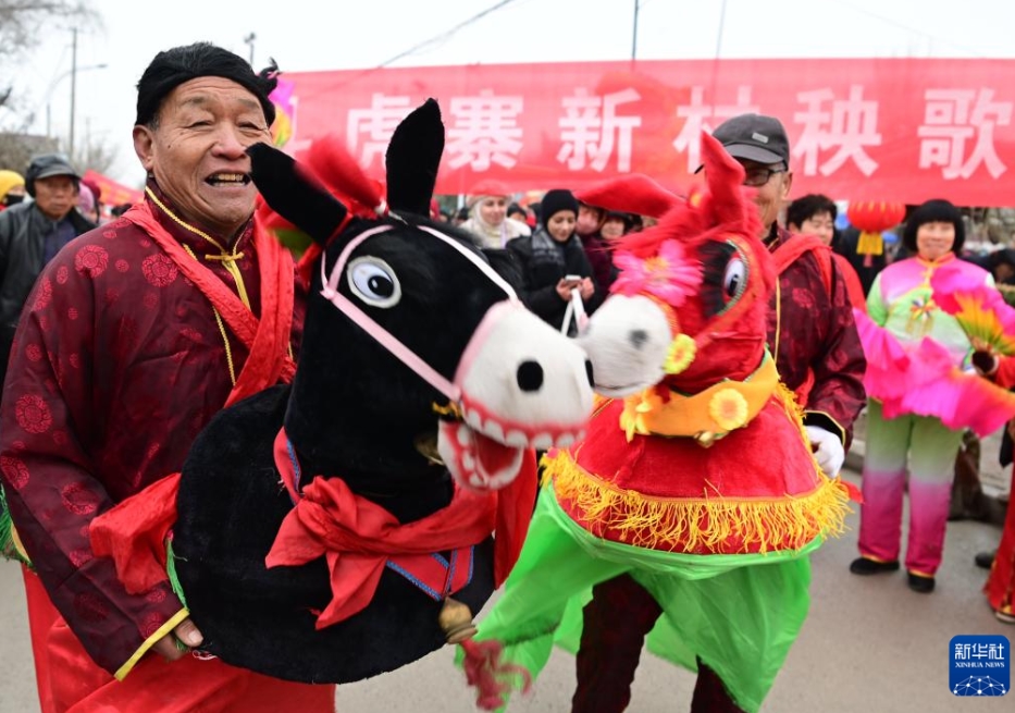 ロバの人形を使ったパフォーマンスを披露する山東省聊城市東昌府區(qū)堂邑鎮(zhèn)の民蕓パフォーマンスチーム（1月18日撮影?張振祥）。