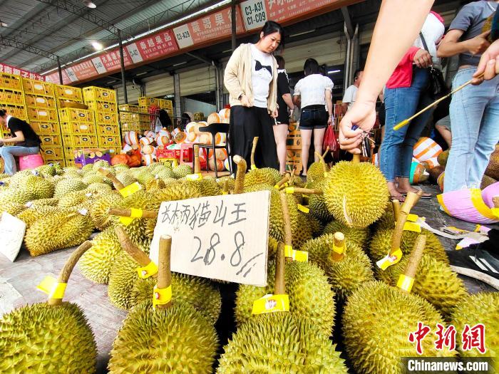 広西海吉星農(nóng)産品國際物流センターで、ドリアンを購入する市民（5月15日撮影?黃艶梅）。