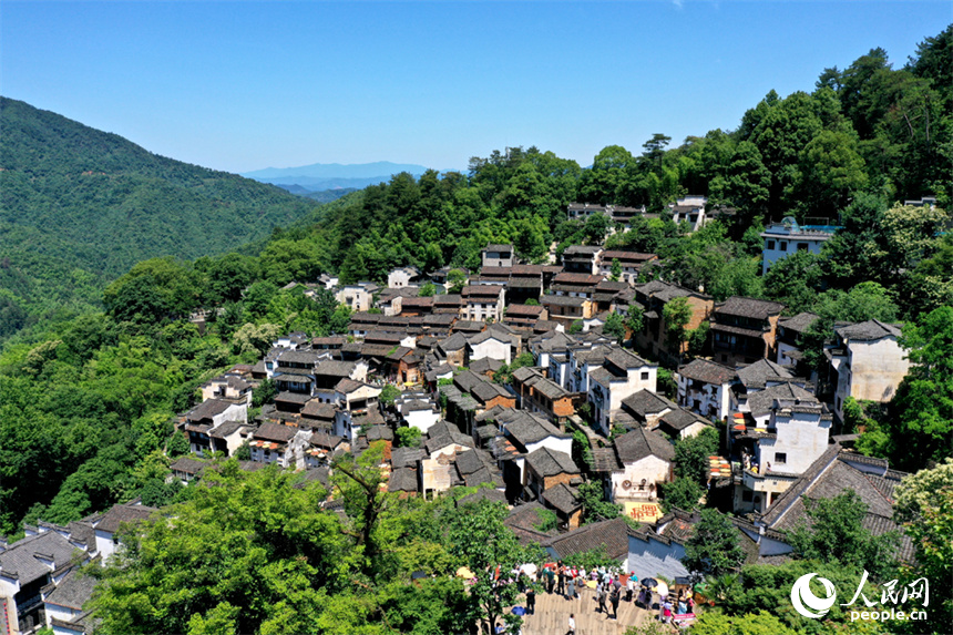 青々と木々が茂る山に囲まれた婺源県の篁嶺村（撮影?時(shí)雨）。