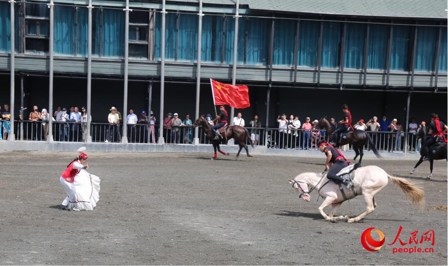 馬術(shù)パフォーマンスを披露する「汗血馬」（撮影?李龍）。