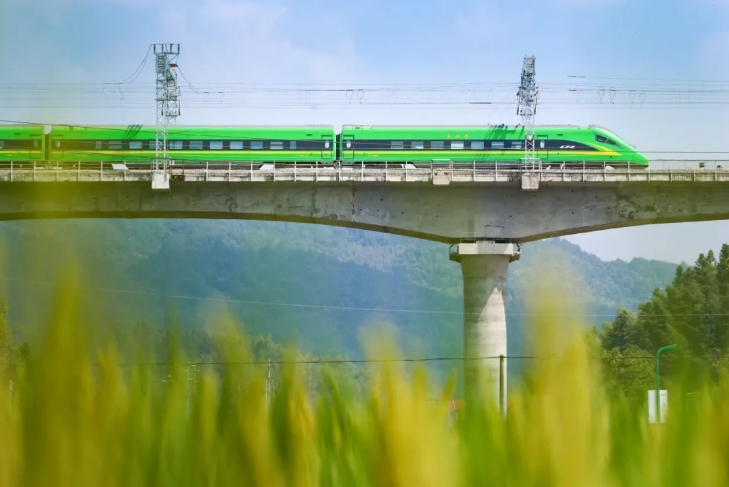 清流駅を出発し、高架を走行する「緑巨人」（撮影?張海根）。