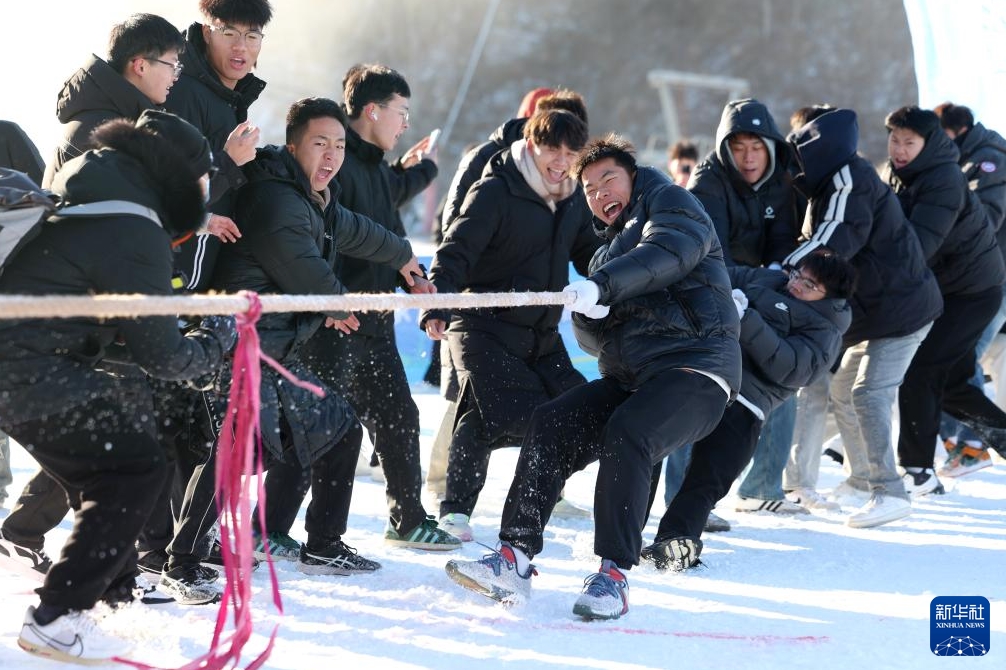 河北省石家荘市鹿泉區(qū)氷雪小鎮(zhèn)で、雪上綱引きを楽しむ大學(xué)生（12月21日撮影?梁子棟）。